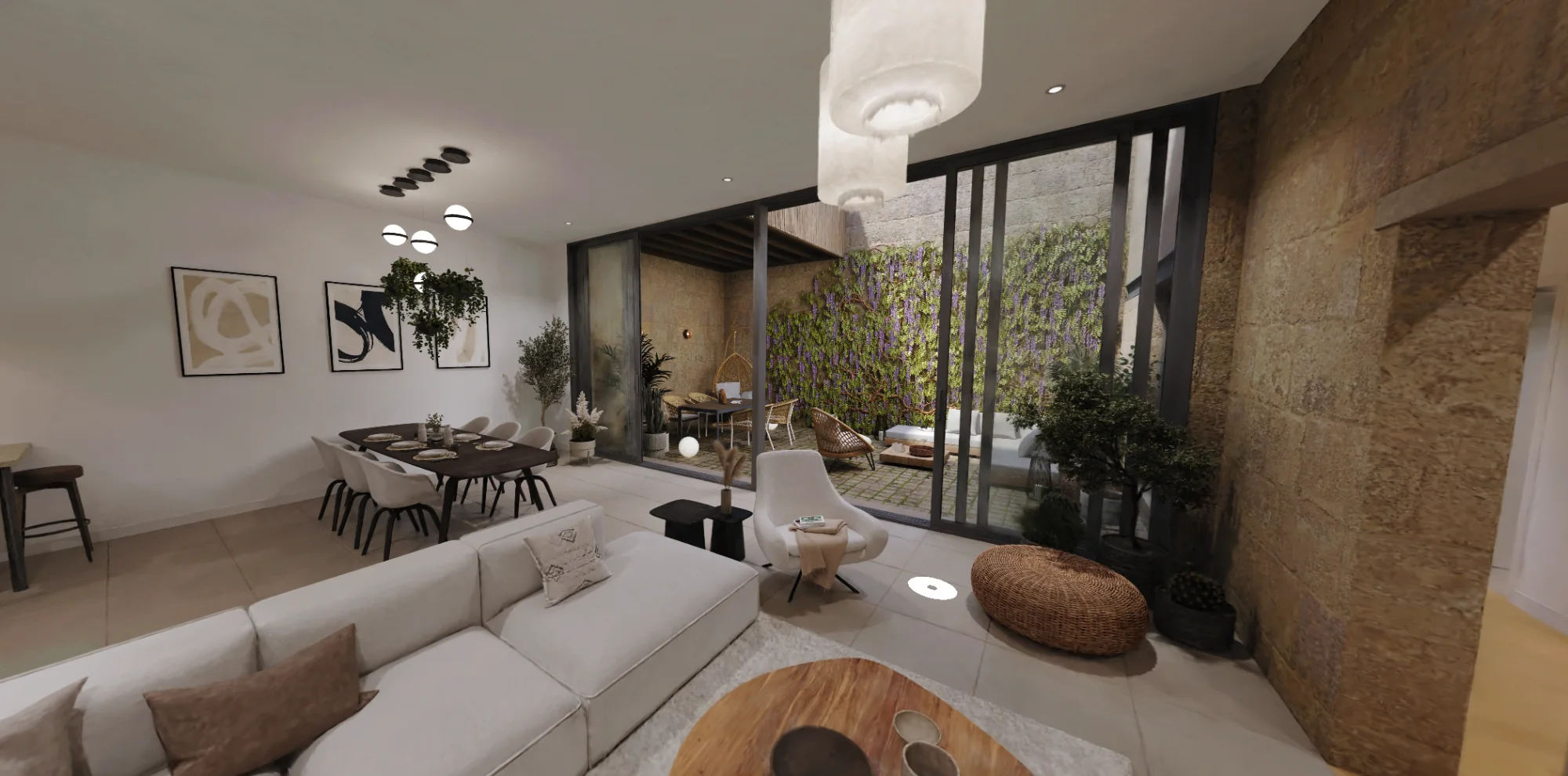 Recorrido 3D real del living de una unidad, con vista al patio